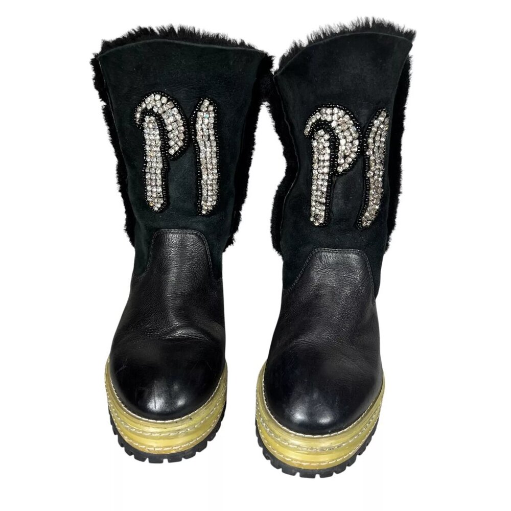 P1 Womens Black Leather Shearling Lining Lug Sole Mid Calf Boots Sz EU38 RARE - Picture 2 of 16